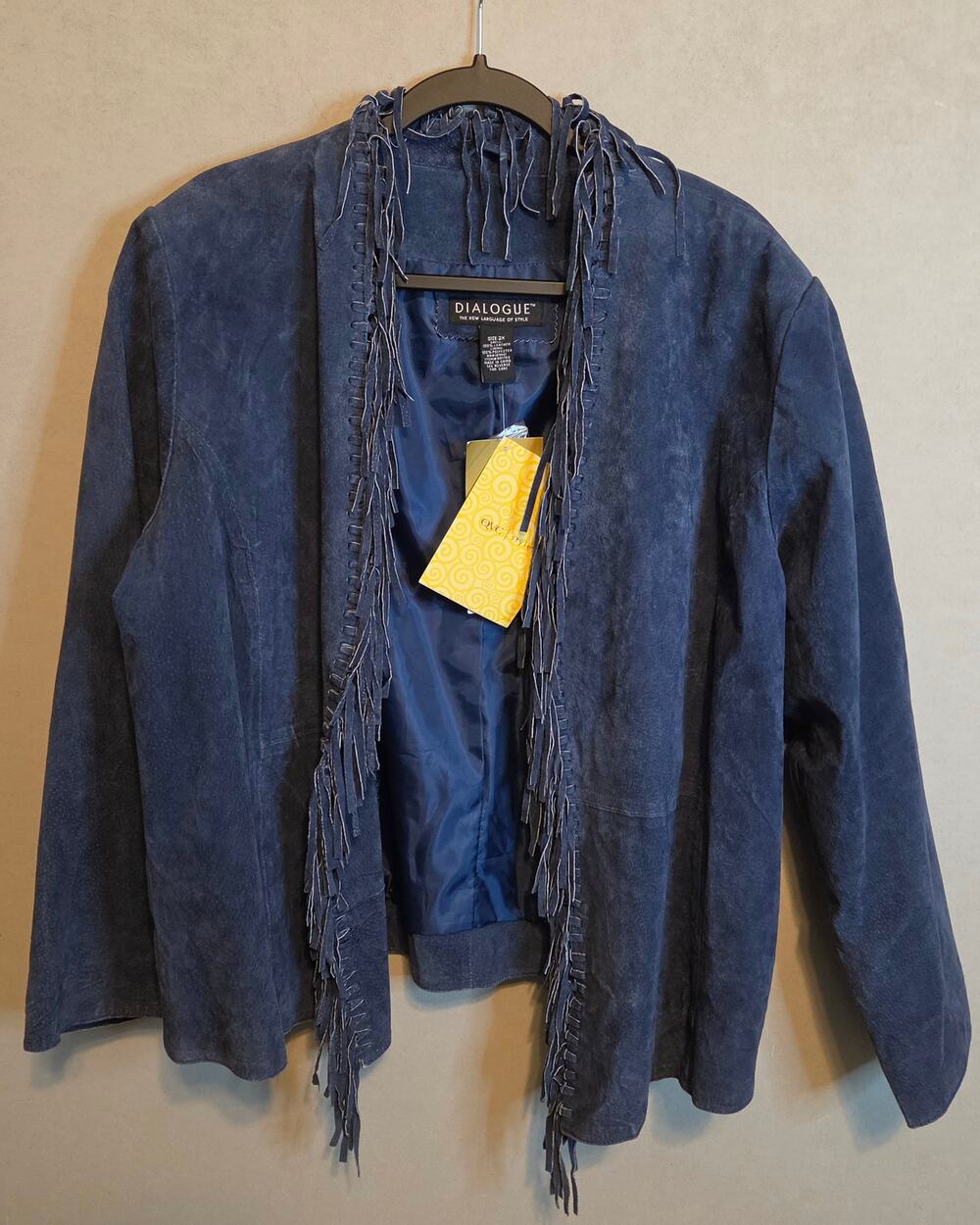 NWT Dialgue Suede Fringe Blue Jacket fringe detailing 100% Leather size 2x
